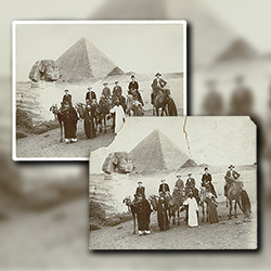 Restoration of a 19th Century photograph of American tourists in Egypt with the Sphinx and the Great Pyramid seen in the background.