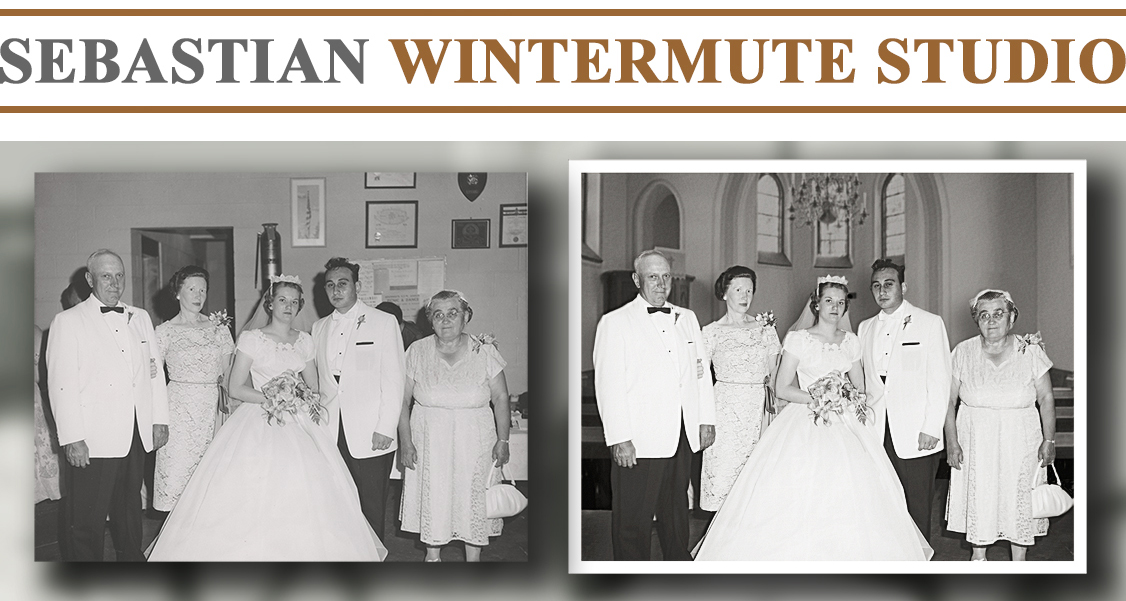 Photo restoration change background in a wedding photo